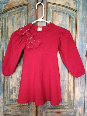 Milon Red Ribbed Cotton Knit Holiday Dress Pearl Embellished Shoulder Bow 4T